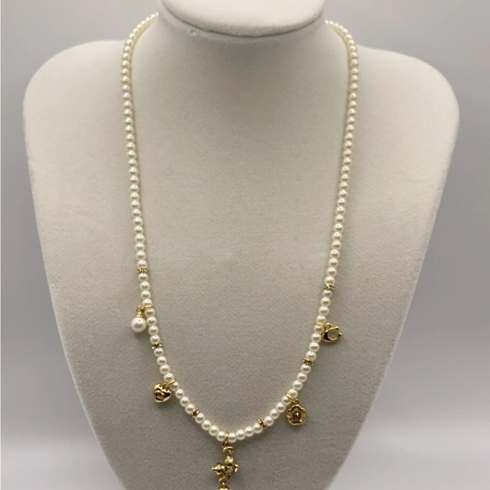Coach Pearl Beaded Charm Necklace NEW 16" with 2" Extender Flower Signature C - Picture 6 of 8